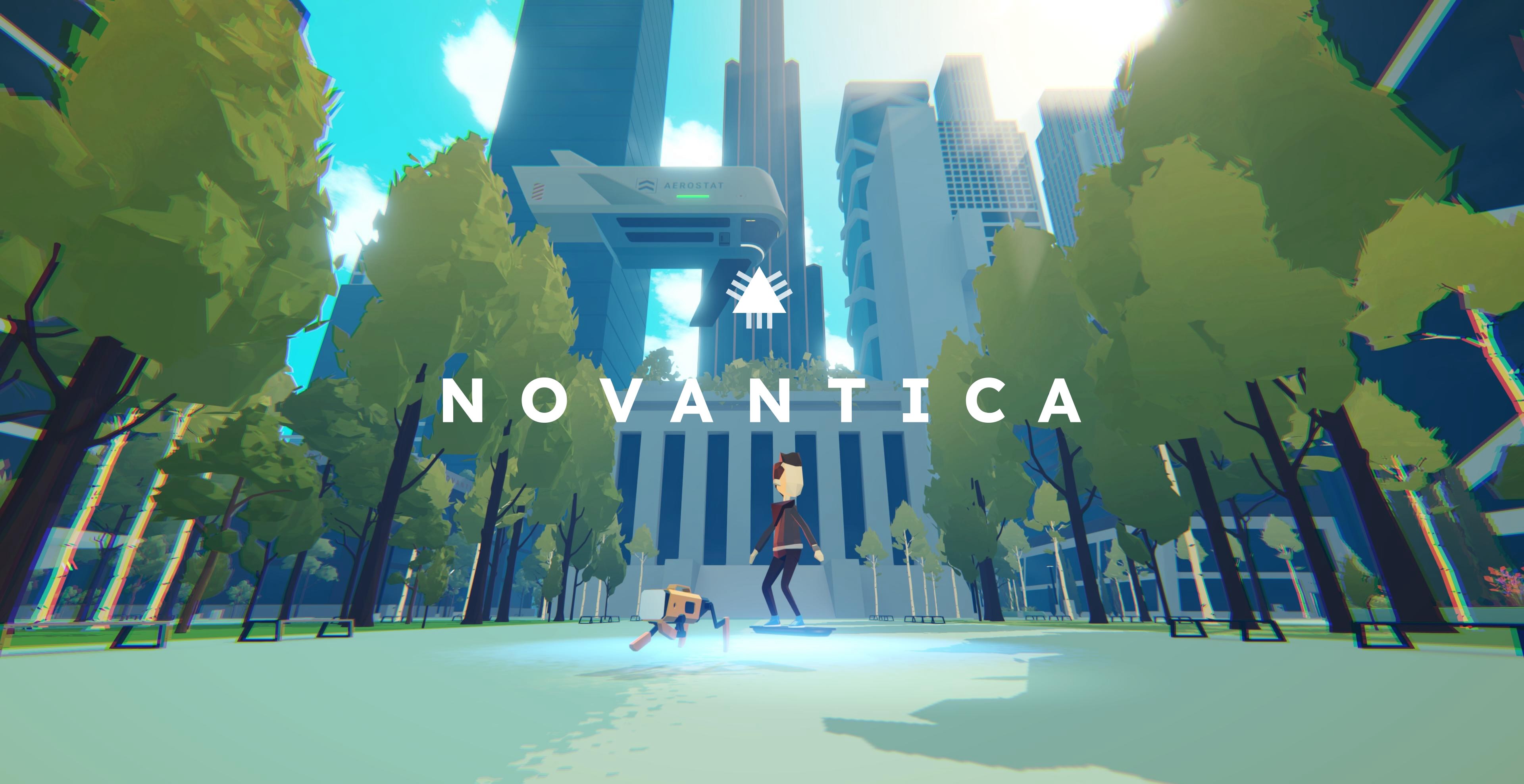 Novantica game screenshot with protagonist on hoverboard