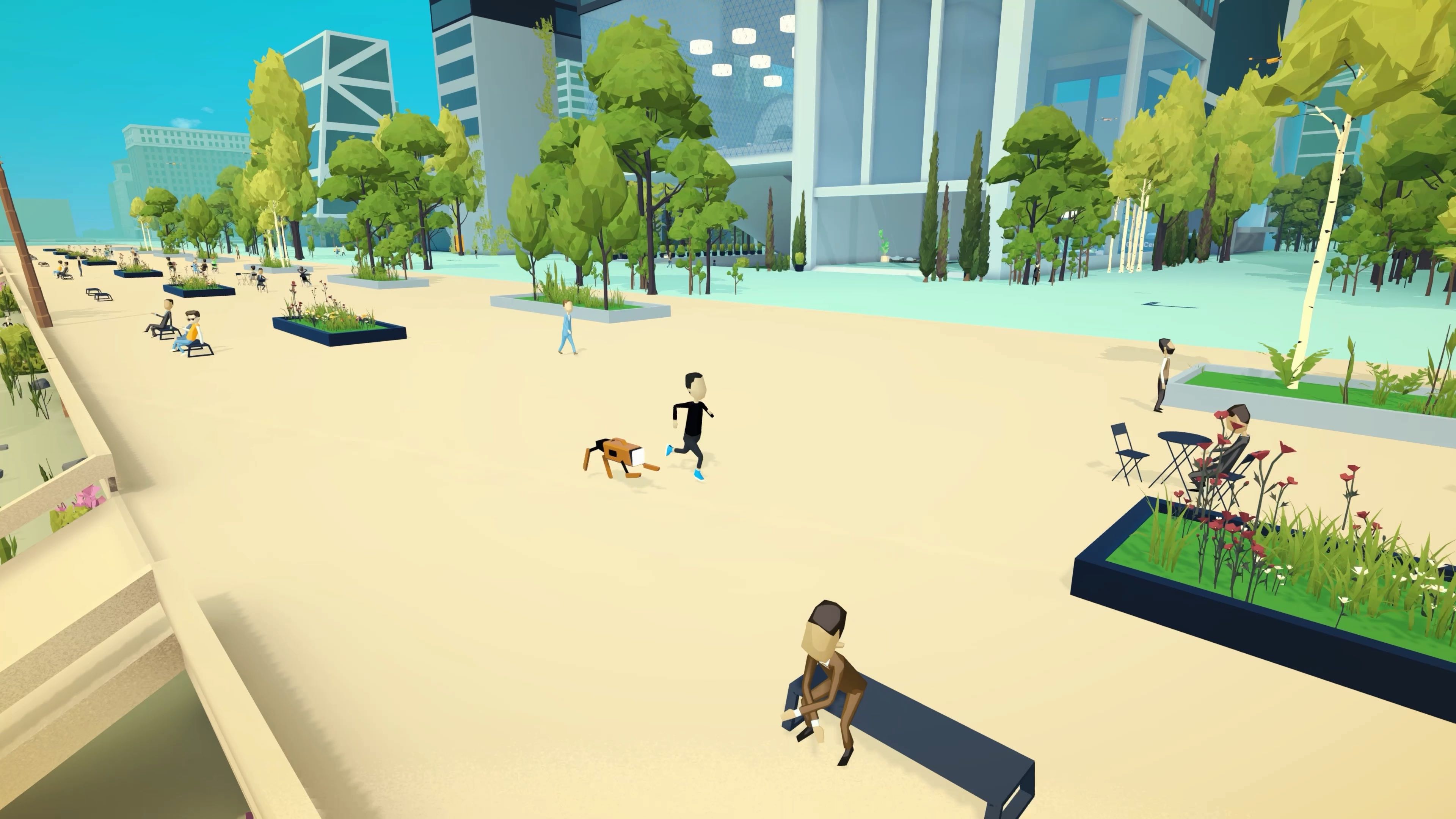 Protagonist running on boardwalk with robot dog