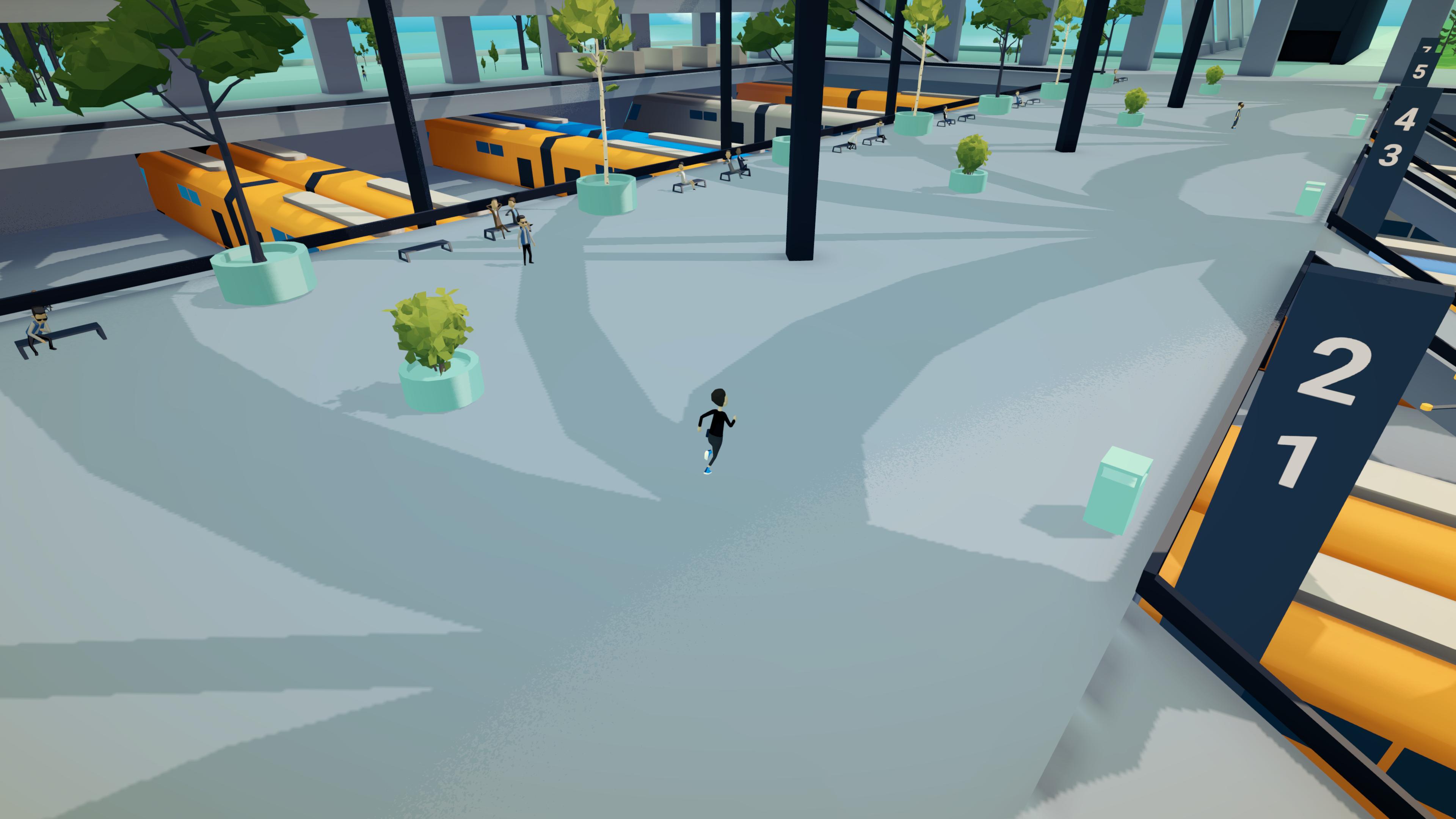Protagonist running through train station