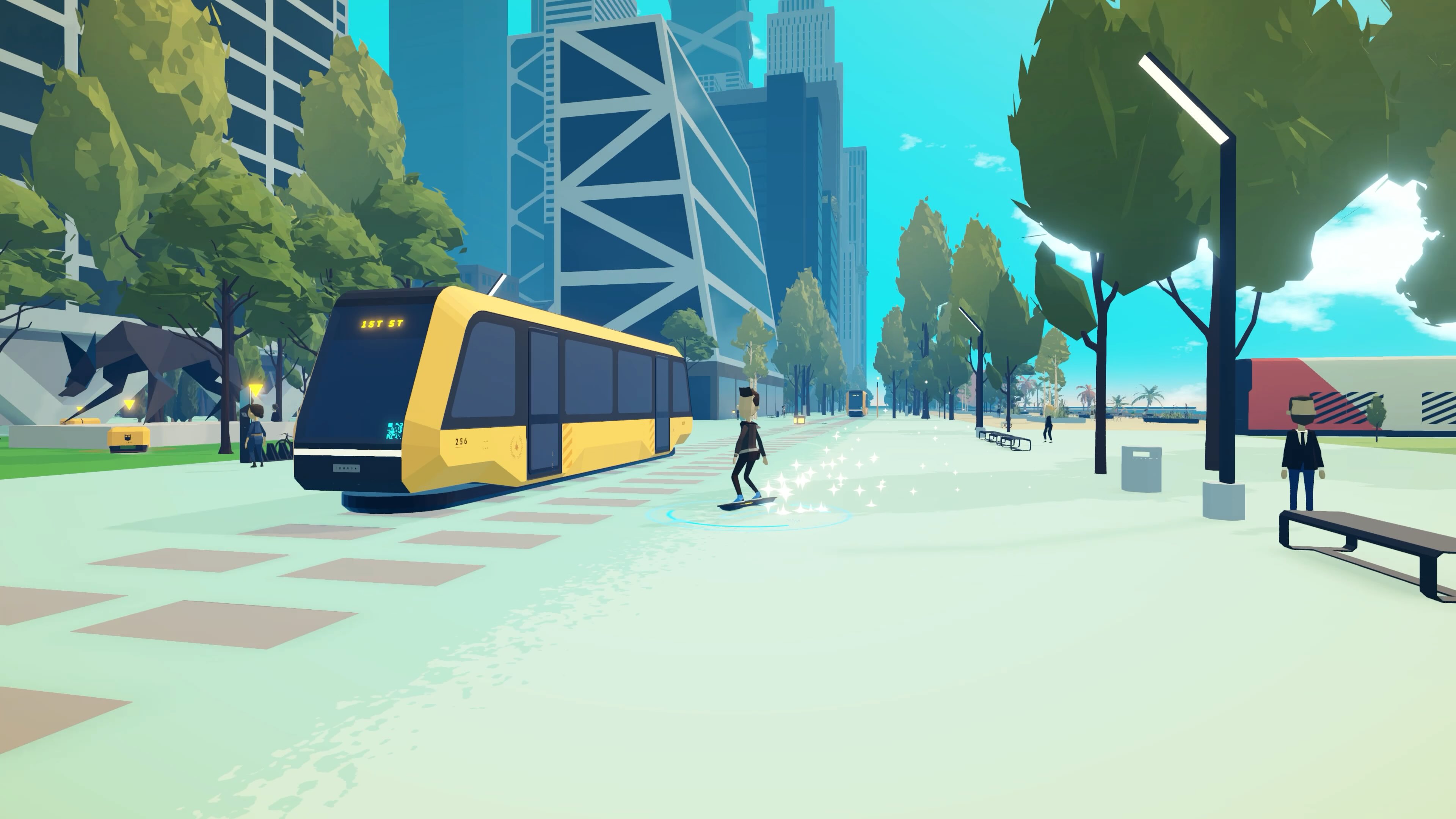 Protagonist riding hoverboard next to tram