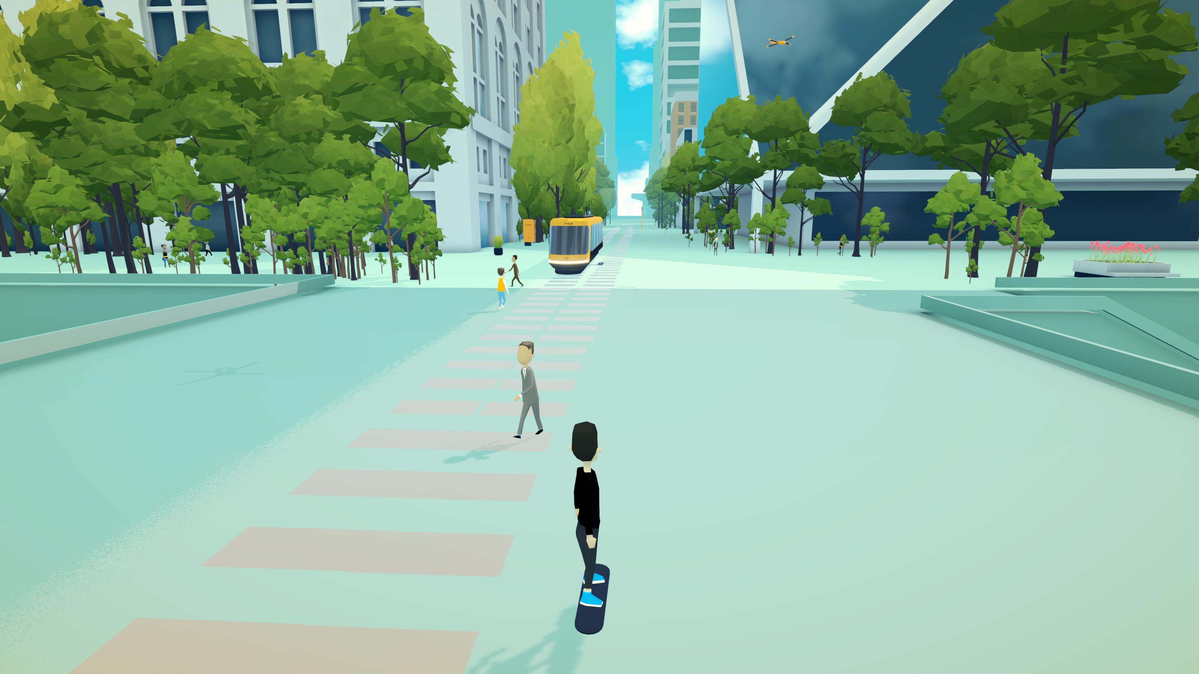 Protagonist riding hoverboard down the street