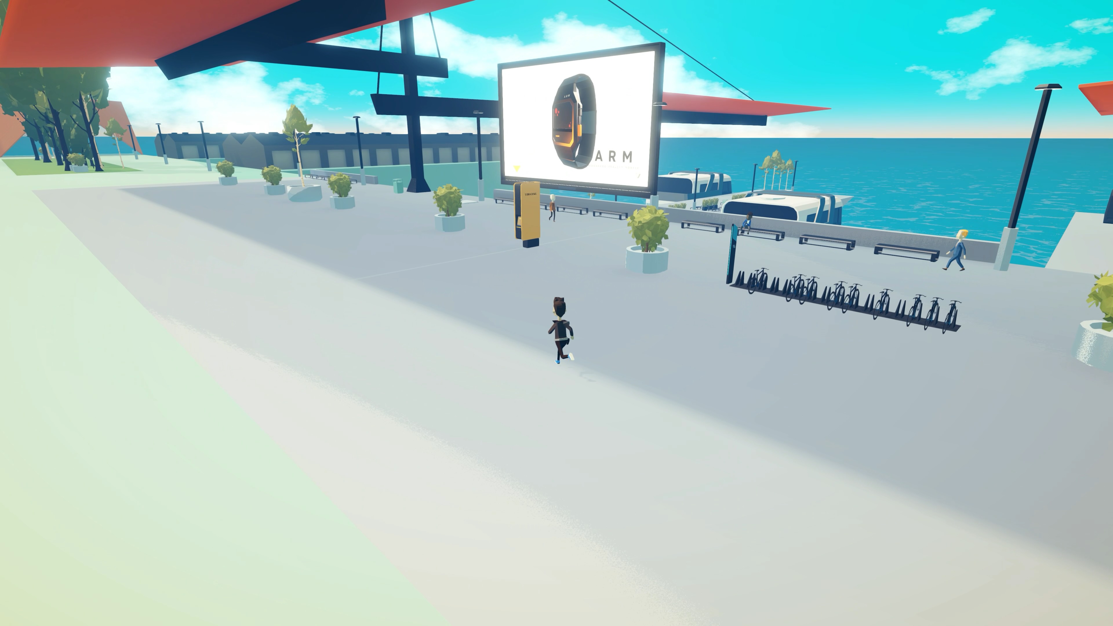 Protagonist running along the waterfront