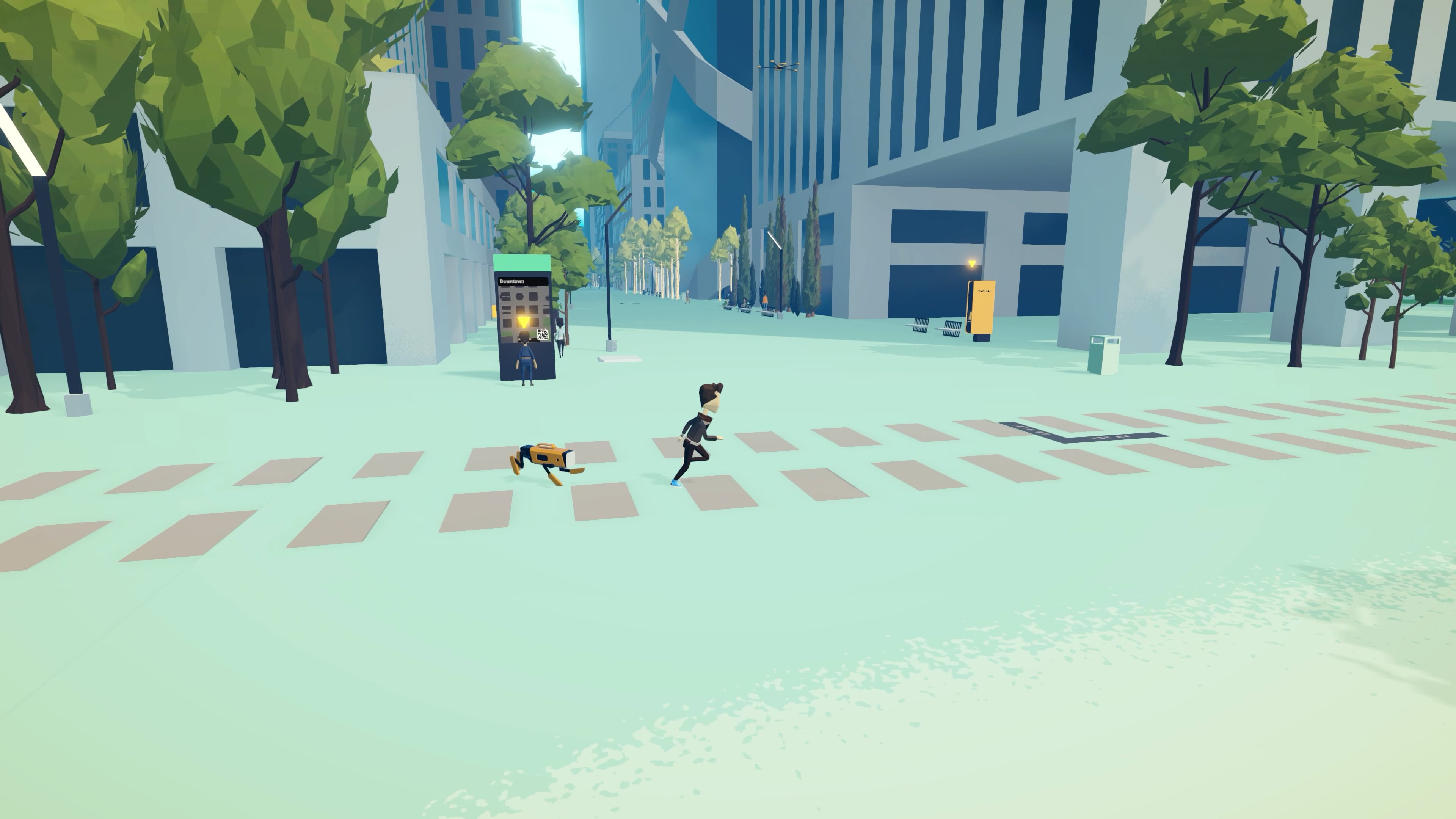 Protagonist running with robot dog
