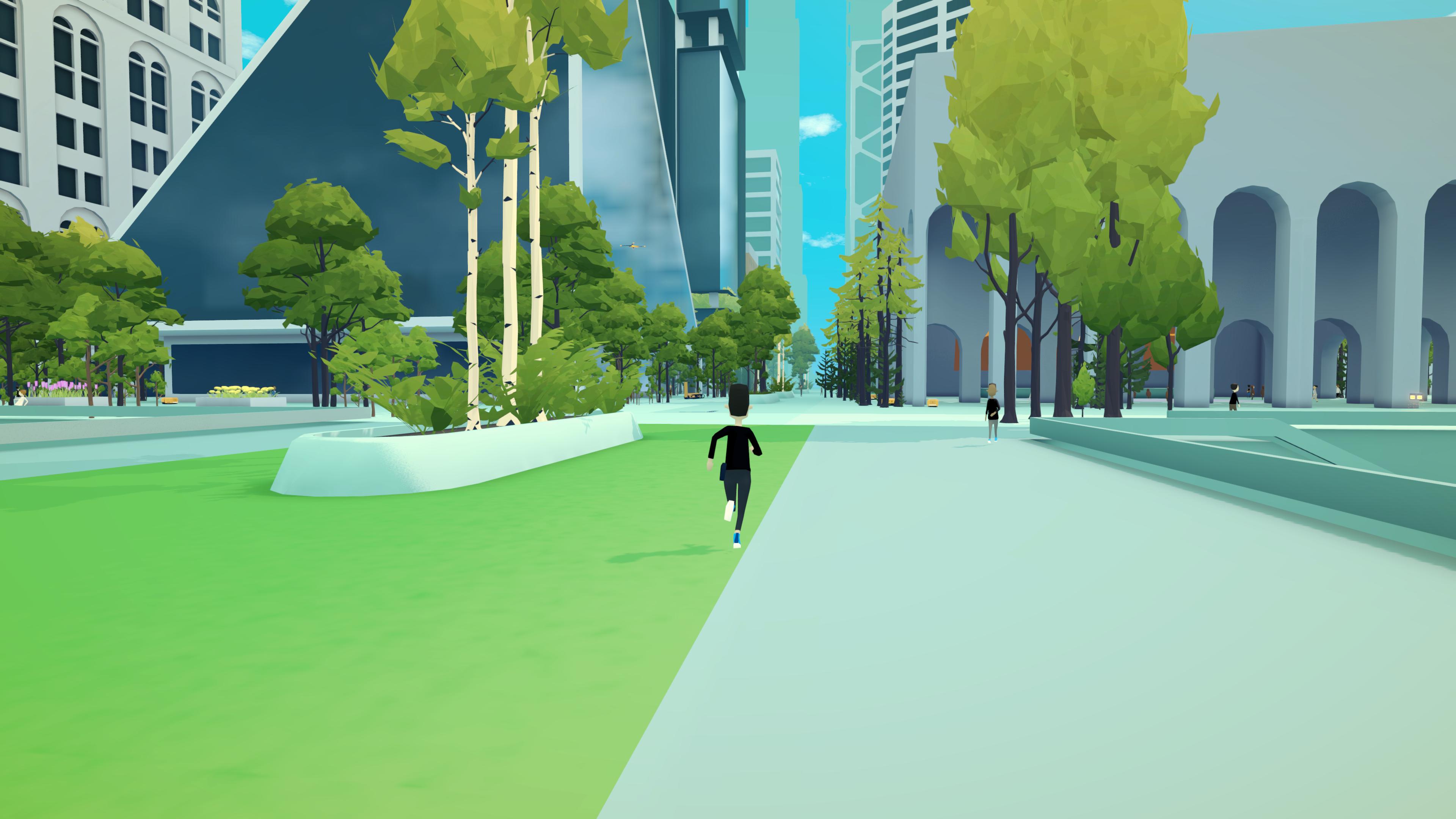 Protagonist running towards temple with buildings in the background